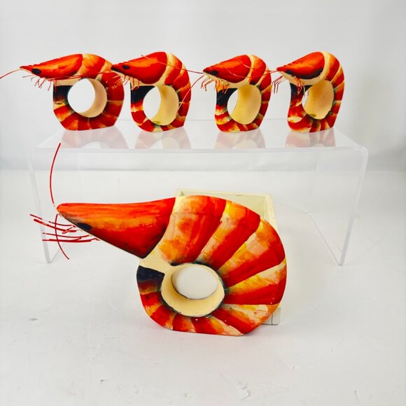 Napkin Holders Wooden Shrimps Carved Rings Set 4 Matching Box Kitchen Decor Seaf - Picture 2 of 12
